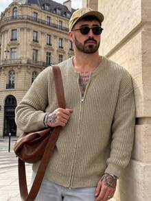 Lookun Men's New Autumn/Winter Casual Loose Minimalist Solid Color Waffle Knit Warm Tone Korean Style Versatile Commuter Button Polo Collar Cardigan Long Sleeve Knit Jacket - Apricot - View 2