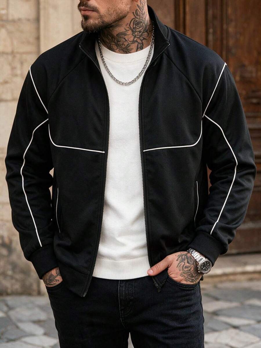 Men's Spring/Autumn Minimalist Design Line Daily Fashion Casual Stand Collar Jacket - Black - View 1