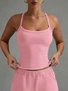 XLLAIS Women's Minimalist Solid Color Criss-Cross Backless Elastic Sports Fitness Camisole Casual Summer - Bright Pink - View 1