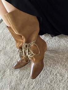 Autumn New Women's Black Low Chunky Heel High-Top Pointed Toe Leather Boots - Brown - View 11
