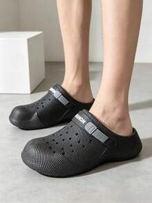 New Couple Hollow Breathable Non-Slip Closed-Toe Wide Band Slippers, Comfortable Versatile Clogs For Outdoor Wear, Beach Shoes For Men - Black - View 10