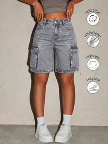 Vintage Street Style Women's Cargo Denim Shorts, Straight Leg, Flap Side Pockets, Non-Stretch, Summer Denim Shorts, Daily Wear, Vacation Outfit - Light Grey - View 7