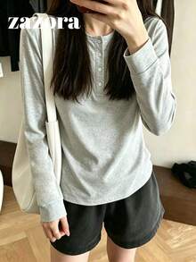 女款修身圓領鈕扣長袖秋季T恤，休閒純色內搭打底上衣 - 淺灰色 - 查看 8