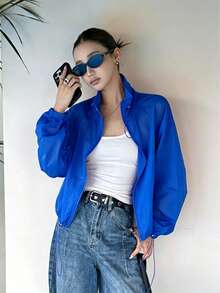 Women's Short Lightweight Jacket, Elegant Blue, Single Layer, Drawstring Collar, Loose Fit, Fashionable Versatile, Wear Alone Or Layer - Blue - View 18