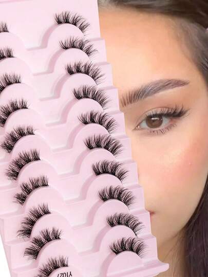 False Eyelash Strips, 10 Pairs Transparent Stem Crisscross Fluffy Curly Half Eyelashes, 3D Faux Mink Handmade 7-10mm Extension Makeup Lashes, For Women Prom Party Wear