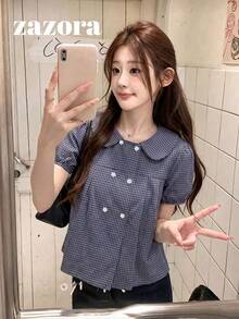 復古日系彼得潘領格紋雙排扣短袖女款夏季寬鬆娃娃襯衫輕便上衣 - 格子 - 查看 3