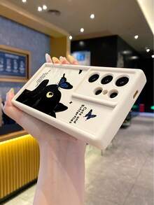 1pc Fashion Pure Android TPU Material Butterfly Black Cat Element Pattern Lens Protection Thick Anti-Drop Anti-Fingerprint Beige Diamond Sand Phone Case Compatible With Samsung/Transsion/HONOR/ - Beige - View 3