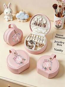 1pc/10pcsA‑Z Pink Romantic Floral Wreath Letter Jewelry Box, Semi‑Circular, Snap‑Button Carry Handle, Divided Inner Lining, Portable Personalized Case With Pink Wreath & White Letters, All‑Season Style, Great Gift For Girlfriends And Bridesmaids - Multicolor - View 8