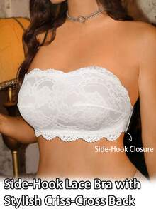 1pc Lace Patchwork Women's Bra, Wire-Free Bandeau Casual Comfortable Bralette With Back Design, Thin Sports - White - View 5