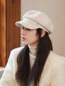 1pc Women's Four-Point Star Duck Tongue Beret, Korean Style Versatile Face-Slimming Octagonal Painter Hat, Large Head Circumference, Spring/Summer/Autumn/Winter - Beige - View 3
