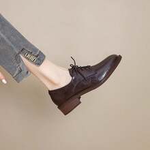 Vintage Lace-Up Women's Leather Shoes, British Style, With Heel, Suitable For Commuting, College Style, Black Versatile Shoes. - Dark Brown - View 3