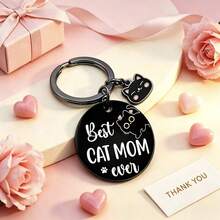 Cat Lover Gift | Stainless Steel Keychain, "Best Cat Mom Ever" Engraved Black Round Pendant With Cute Cat Charm, Meaningful Birthday Holiday Gift, Gift For Cat Mom, Gift For Cat Lovers, Comes With Mesh Gift Bag - Cat Mom Gift - View 3