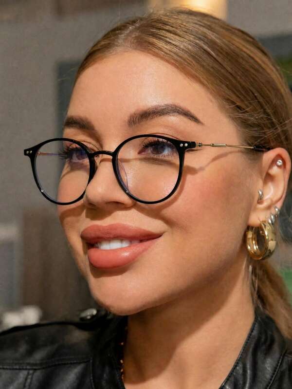 1 Pair Women's Round PC Frame Metal Temple Minimalist Clear Lens Glasses