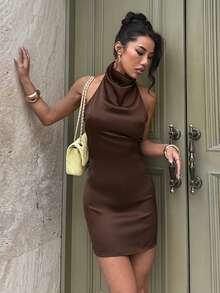 Women's Summer Brown Satin Backless Halter High Neck Sexy Fashion Party Dress, Suitable For Dating, Party, Vacation - Brown - View 6