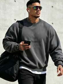 Men's Solid Color Drop Shoulder Sweatshirt, Long Sleeve Crew Neck Top, Autumn/Winter Back To School Style - Dark Grey - View 1