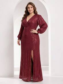 YISIKADO Sequin V-Neck Long Sleeve Ball Gown Evening Dress With High Slit Mermaid Tail - Burgundy - View 5