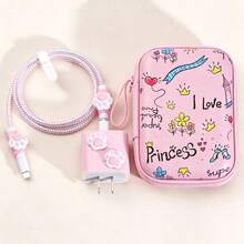 6pcs Cute Cat Paw Charger Data Cable Protection Set With Cartoon Print EVA Hard Shell Storage Bag, Laser Spiral Data Cable Anti-Break Protection Rope, Creative Girly Style Charging Head Protective Case, Portable Digital Accessories Storage Box, Compatible With Apple 18/20W Fast Charging Protection Storage, Shockproof And Anti-Drop, Highly Attractive Data Cable Protection Combination For Gift And Personal Use - Multicolor - View 6