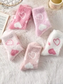 2/4 Pairs White And Pink Fuzzy Women's Mid-Calf Socks, Heart Pattern Warm Socks, Soft And Comfortable, Random Color - Multicolor - View 6