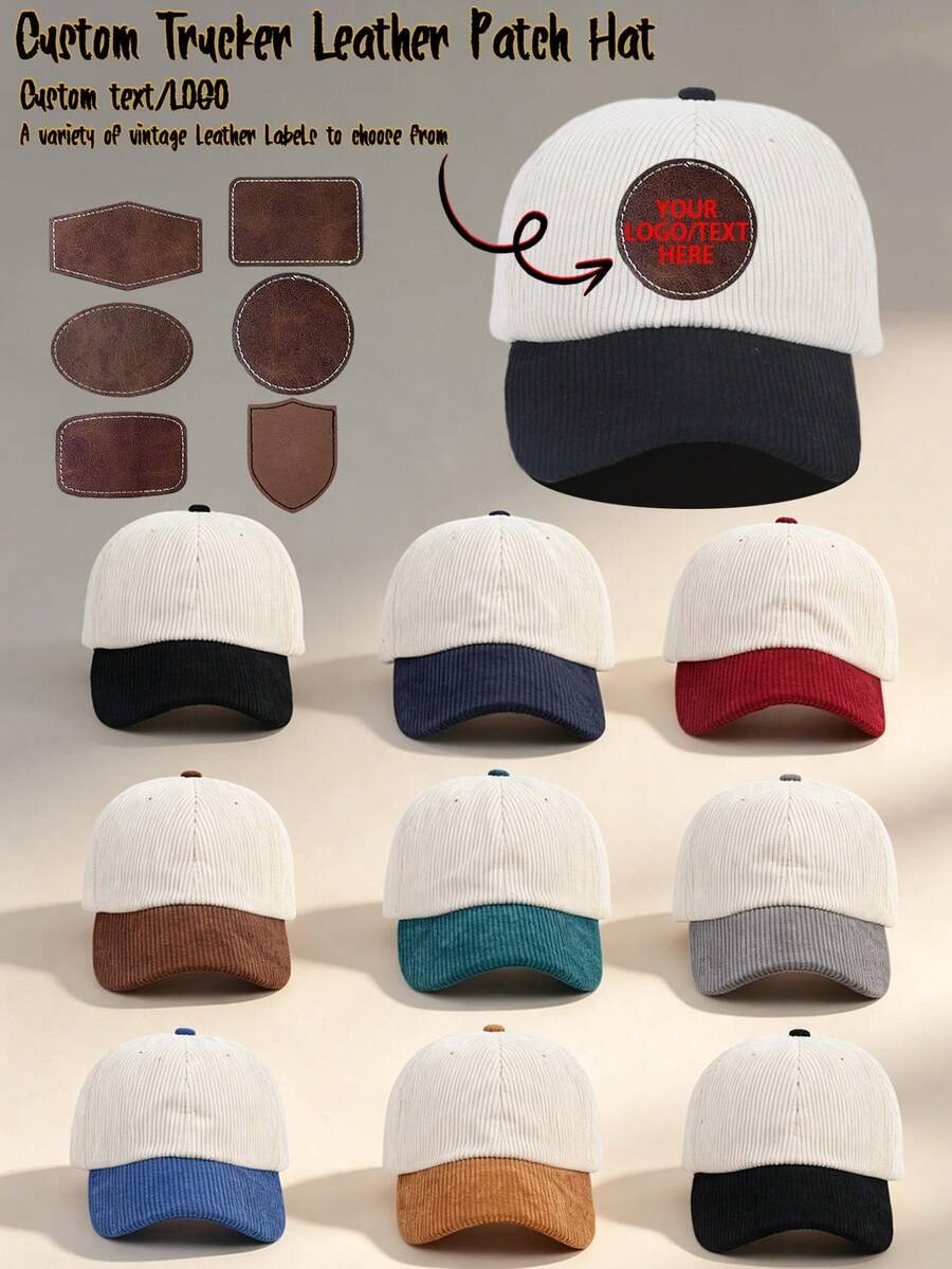Custom Leather Patch Corduroy Baseball Cap, Personalized Text Logo Trucker Hat, Unisex Dual-Tone Adjustable Vintage Autumn/Winter Casual Daily Gift Hat - Multicolor - View 1