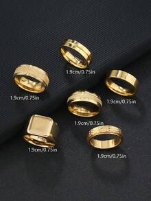 6pcs Stainless Steel Rhombus Decor Gold Color Men's Ring Set, Suitable For Daily Wear, Jewelry Gift - Gold - View 18