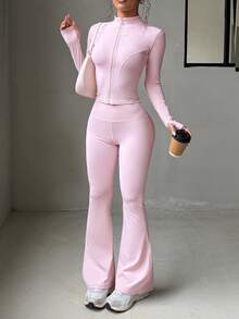 NOIRLYN Winter Women's Sports Yoga 2 Pieces Set, Stand Collar Full Zip Long Sleeve Jacket & High Waist Butt Lifting Flared Pants Outfit For Gym Workout - Pink - View 7