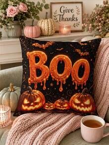 Halloween Table Runner, Throw Pillow, Placemat, Black Background Halloween Glowing Dripping BOO Lettering Bat Spider Web Pumpkin Lantern Long Table Runner, Vintage Holiday Party Decor Fabric Table Mat - Multicolor - View 8