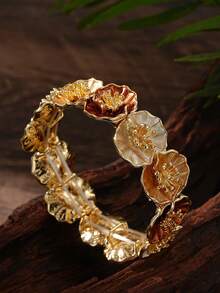 Cring Coco 1 pieza Brazalete de flor de estilo vintage esmaltado para mujer, accesorio elegante de brazalete floral chapado en oro, accesorio de nicho para uso diario, fiesta y regalos de vacaciones - flores - Ver 7