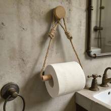 1/2pcs Rope Paper Towel Holder Solid Wood Woven Storage Towel Rack Face Towel Organizer Drill-Free Creative Toilet Paper Holder Elegant Practical Bathroom Accessories - Apricot - View 5