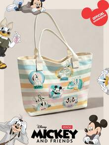 Miniso Disney Mickey And Friends 帆布托特包，馬卡龍色條紋印花，附手柄肩背包，適合日常使用 - 白色 - 查看 4