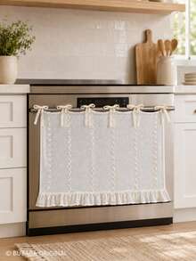 1pc White Jacquard Oven Curtain, 3D Floral Lace Stripe Design, Bowknot Ruffle Edge Kitchen Decor Curtain - Ruffled Edge - View 6