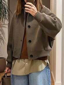 Notch Collar Wool Ribbed Hem Jacket, Casual Daily Home Street Travel Coat, Fall Winter - Coffee Brown - View 3