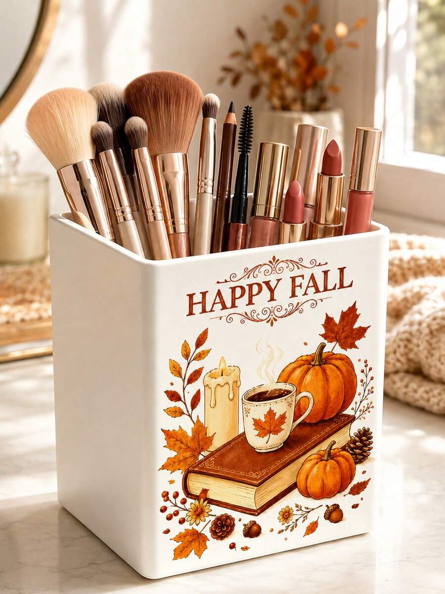 1pc "HAPPY FALL" Multi-Functional Storage Organizer Box - Makeup Organizer, Desktop Shelf, Bathroom Countertop Storage Rack (Suitable For Storing Cosmetics, Makeup Brushes, Jewelry, Utensils, Straws, Tea Bags, Pens, Remote Controls And Small Items); Compact Space-Saving Storage Solution For Vanity, Bathroom, Kitchen, Office, Bedroom, Living Room (Please Note Size And Random Pattern Before Ordering) - Multicolor - View 1