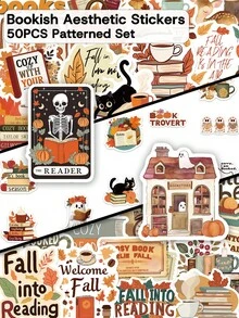 50pcs Bookish Aesthetic Stickers-Fall Nature Vibes-Perfect For Skateboards, Journals, Phone Cases, Water Bottles, And Party Gifts - Multicolor - View 10