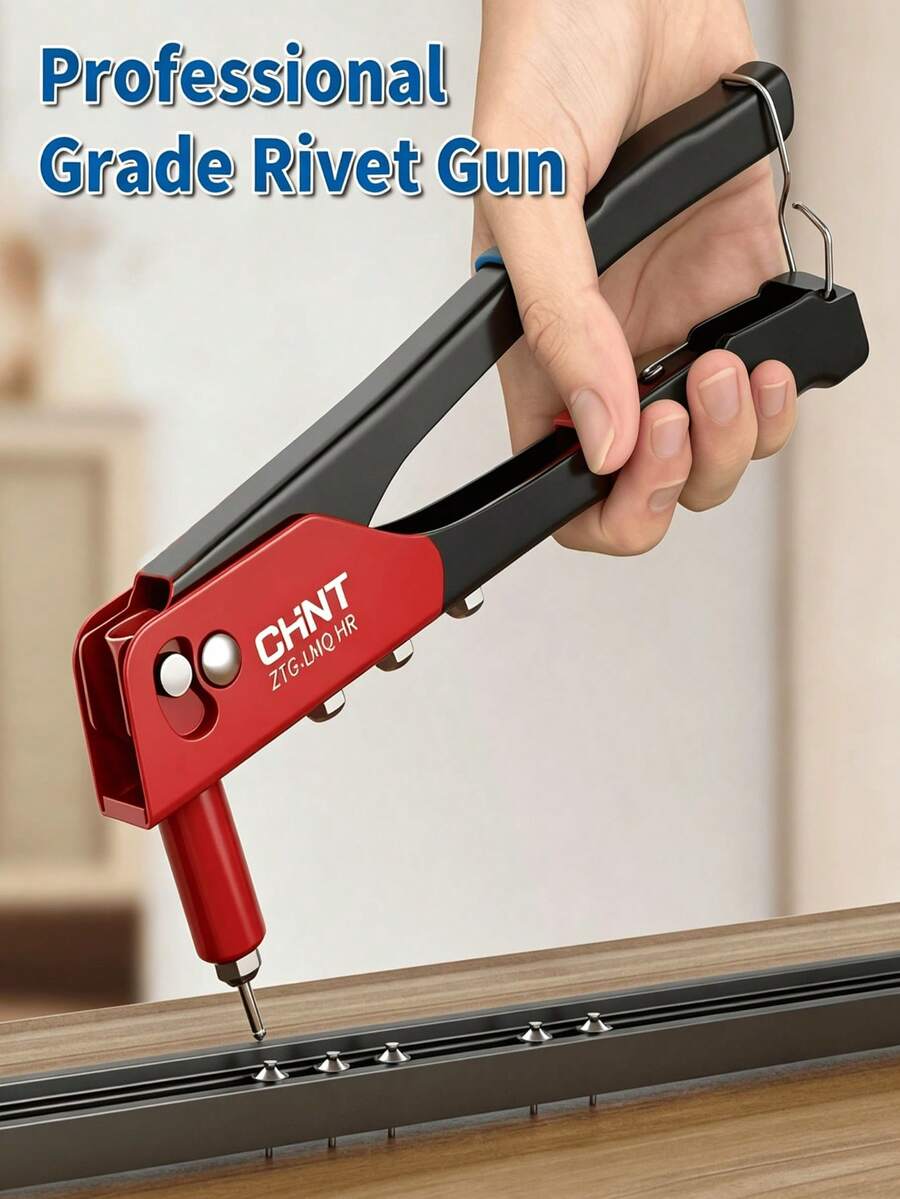 1pc 9.5 Inch Hand Rivet Gun, Manual Pop Riveter Tool With 4 Interchangeable Nozzles, Labor‑Saving Hand Operated Riveting Gun For Metal Repair, Furniture Assembly, Household DIY And Industrial Hardware Projects