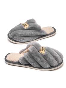 Luo Ge Color Block Patchwork Autumn/Winter Slippers, Unisex Indoor Home Slippers, Non-Slip, Warm, Comfortable, Slip-On Fuzzy Slippers - Grey - View 8