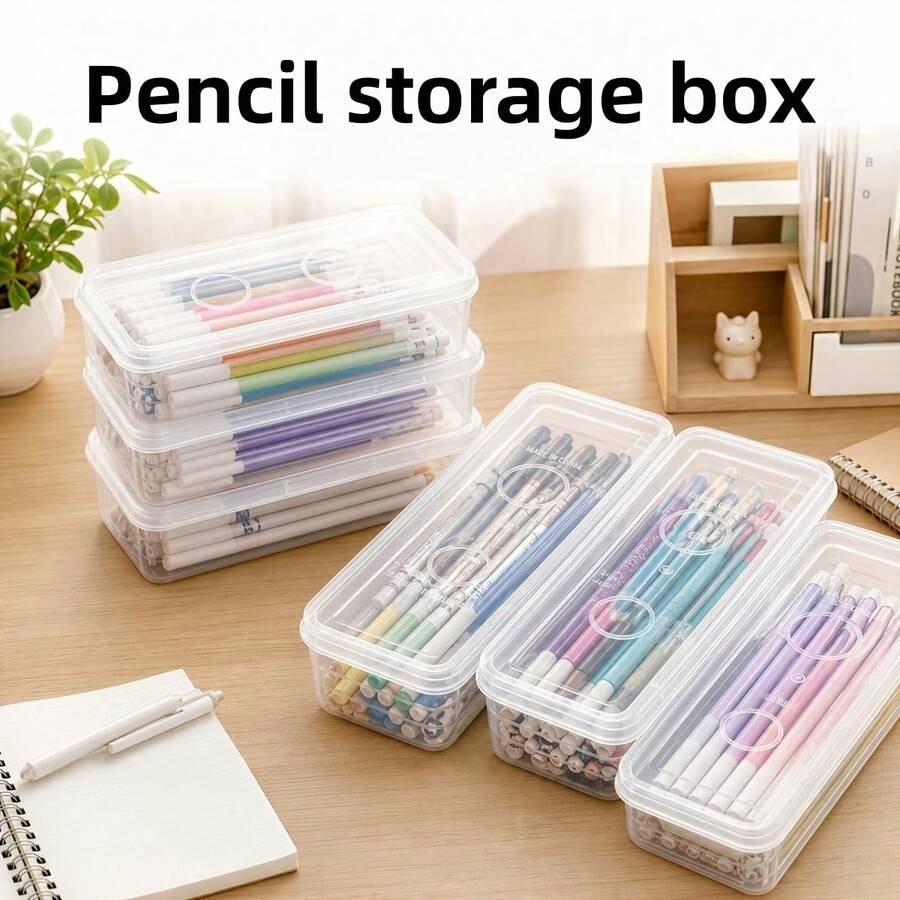 3 Small Clear Plastic Storage Boxes With Lids, Desk Organizer Pen Holder, Stackable Plastic Storage Containers, Suitable For Teachers, Craft Enthusiasts, School Office Desk Supplies Storage, Back To School Essentials - Transparent - View 1