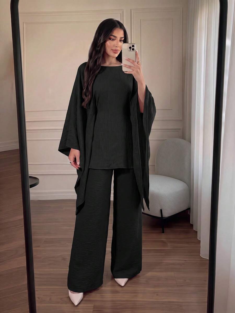 Women's Elegant Waist Gathered Batwing Sleeve Loose Suit, Casual Holiday Black Spring - Black - View 1