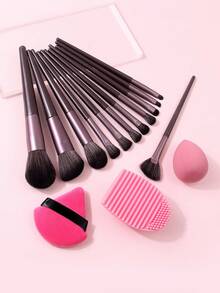 15Pcs Makeup Brush Kit, 12Pcs Face & Eye Makeup Brushes + Makeup Sponge + Triangle Powder Puff + Silicone Brush Cleaner, Soft Fiber For Foundation Blush Eyebrow Eyeshadow Daily Makeup - Coffee Brown - View 3