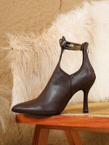 Fall/Winter 2025 Fashionable Metallic Decor Pointed Toe Ankle Boots, 9.5cm High Heel, Casual Versatile Side Zipper, Coffee Color,Match With Black Dress - Coffee Brown - View 6