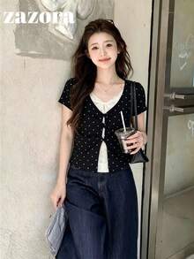 黑色波點 2 合 1 蕾絲方領短袖 T 恤女款夏季韓風修身設計上衣休閒夏裝 - 黑色 - 查看 5