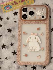 Korean Sweet Cute Pink Floral Rabbit Phone Case Compatible With Apple 17 Pro Max, 15 New 16 Pro Women's 13 Foldable Stand 15 Pro Leather Texture 14 Shockproof Protective Cover - Brown - View 2
