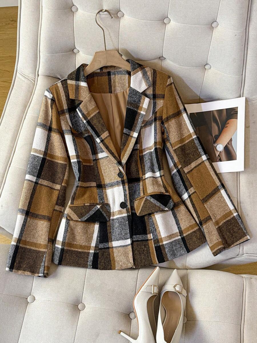 Autumn/Winter Casual Plaid Short Wool Blazer - Brown - View 1
