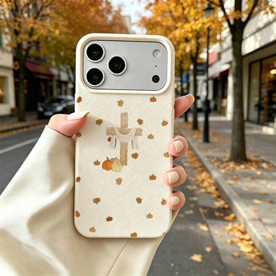 TPU Material Cross & Pumpkin Warm Autumn Pattern Phone Case Compatible With IPhone 17 Pro Max/17/16 Pro Max/15/13/12/11/ S20 FE/A15/S24/A55/ Note 11/Note 12/Note 13 Pro Full Coverage Shockproof Soft Shell Protective Cover - White - View 1