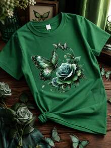 Butterfly Rose Themed Fun Print Women's Solid Color T-Shirt, Women's Short Sleeve, Back To School Outfit, Birthday Top, Outing Top, Country Music Concert, Cowgirl Outfit, Y2K, Bohemian, Vintage, Elegant, Cute, Luxury, Casual, Suitable For Office Commute, Daily Holiday, Birthday Party, Vacation Travel, School Opening/Graduation Season, Street Sports - Green - View 1