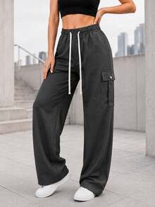 Black Wide Leg Cargo Pants For Women With Elastic Drawstring Waist Flap Pockets Relaxed Loose Fit Trousers For Daily Wear - Black - View 3