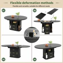Extendable Dining Table, Dining Room Table, Kitchen Table, Round Dining Table, Extends To Oval, 118-158, Seats Up To 6 People, Three-Tier Storage, Walnut - Black + MDF - View 11