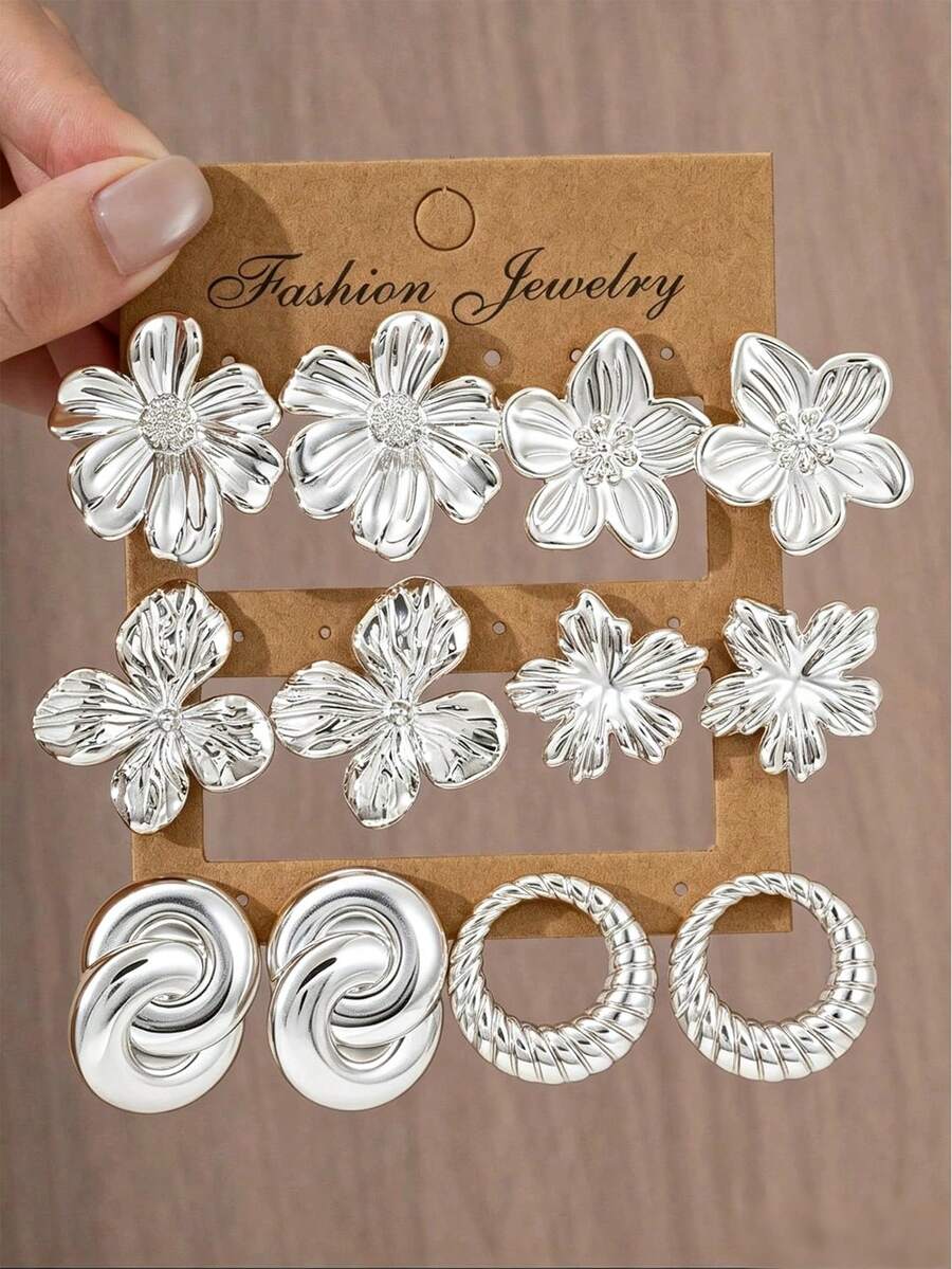 2/12PCS Fashion Elegant Exquisite Floral Circle Multi-Element Silver Metallic Earring Set, Suitable For Women's Daily Wear In Various Occasions - Silver - View 1