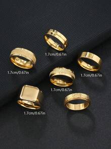 6pcs Stainless Steel Rhombus Decor Gold Color Men's Ring Set, Suitable For Daily Wear, Jewelry Gift - Gold - View 20