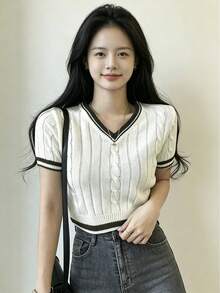 女士撞色滚边V领短袖针织上衣 白色 夏季 - 白色 - 查看 6