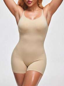 1pc Nude Plus Size Adjustable Spaghetti Strap Deep U Back Romper, Bust Support Tummy Control Waist Shaping Hip Lift, Ribbed High Elastic Seamless Body-Hugging Soft Breathable Shapewear, Dress Inner Layer Home Sports Streetwear Daily Halloween Layering Base Layer - Apricot - View 4